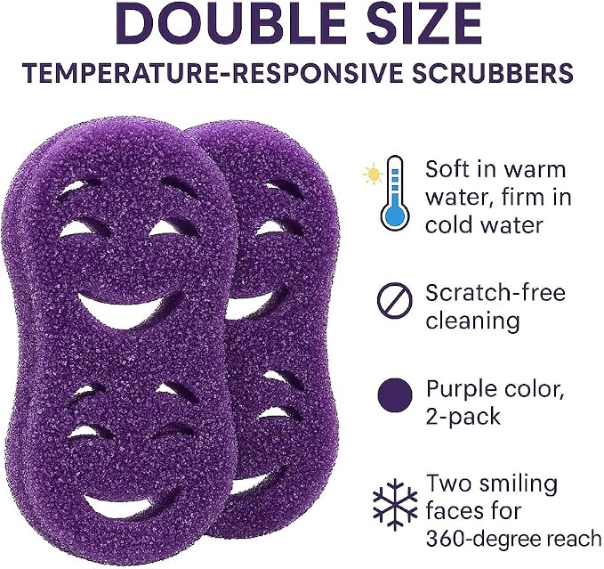 Smilyeez Double-Size Scrub Moji Duo Sponge 2-Pack – Dual Smiling Faces, Temperature-Responsive Scrubber – Scratch-Free, Odor & Stain Resistant