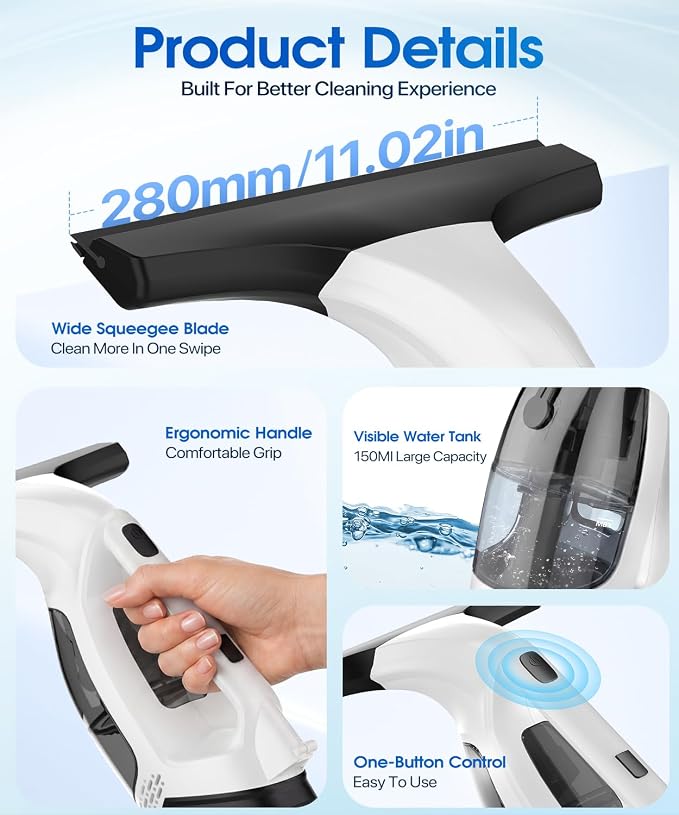 Window Vacuum Squeegee Cordless, 3-in-1 Electric Window Cleaner Tool with Spray & Microfiber Pad, Streak-Free 2200Pa Suction for Glass, Shower Doors, Mirrors, Tiles and Car Windows