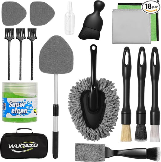 18PCS Car Detailing Kit Cleaning Gel Boar Hair Scratch Free Cleaner | Dual-use auto&home kit with cleaning gel,2-in-1 vent brush,crevice/glass brushes&storage bag,perfect gift for car enthusiasts