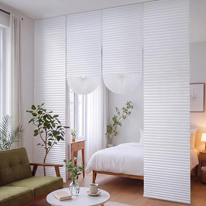 Threehoney 4 Pcs No Drilling Dorm Room Divider 10 x 9.8 ft Non Woven Pleated Blinds for College Dorm Room Separation Adjustable Temporary Light Filtering Privacy Screen Wall Divider for Home Bedroom