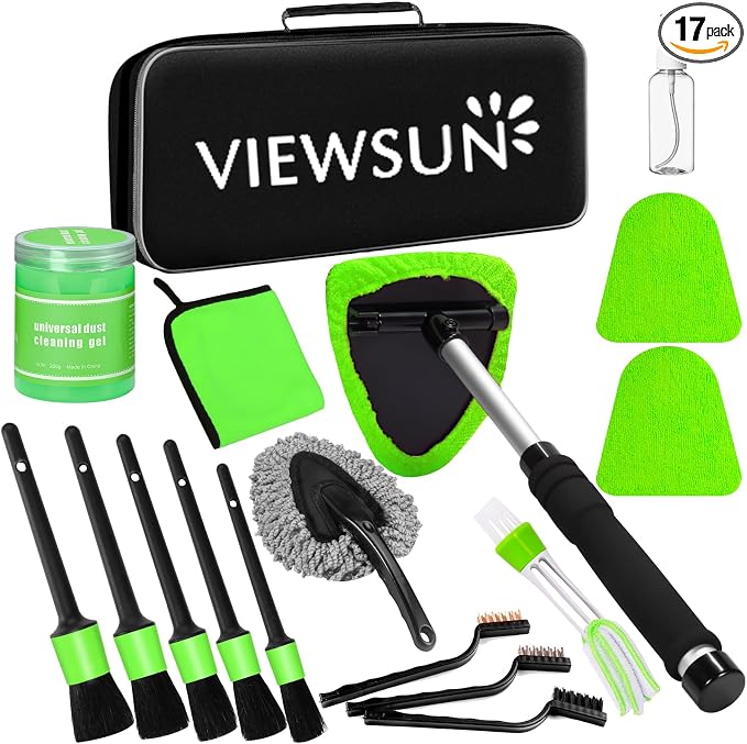 Green Windshield Cleaner Tool, 17Pcs Car Interior Cleaning Kit, Detailing Kit Interior Cleaner, Car Detailing Brushes, Cleaning Gel, Inside Cleaning Accessories for Trucks, SUVs, RVs Window