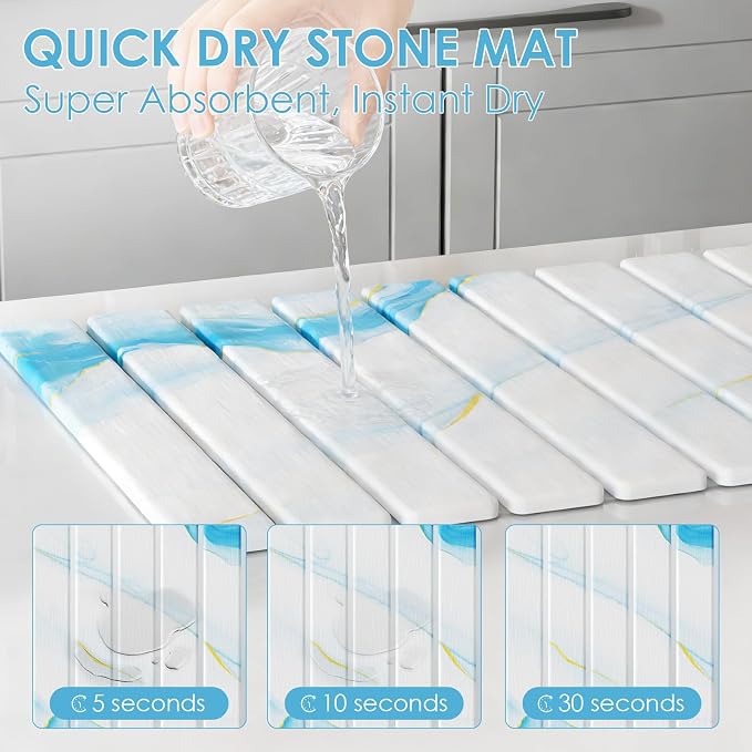 4-Piece Large Stone Dish Drying Mat for Kitchen Counter, 24"x16" Super Absorbent Diatomaceous Earth Drying Mat Set with Faucet Mat & Small Utility Mat, Rollable Quick Dry Pad for Dishes, Cups, Bottles
