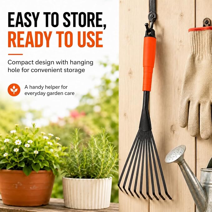 Finder Hand Rake, 15.6 Inch Gardening Hand Tool with Ergonomic Handle and Hanging Hole for Storage, Steel Garden Rake for Flower Beds, Leaves, Mulch, Soil Loosening, Tight Spaces