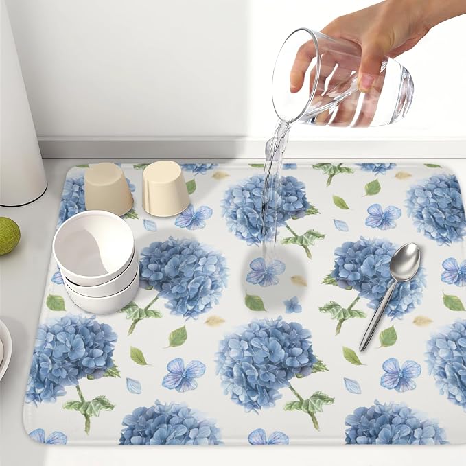 Spring Summer Blue Floral Dish Drying Mat 18x24 Inch | Hydrangea ，Polyester，Absorbent Microfiber，for Kitchen Coffee Dining Bar Decor