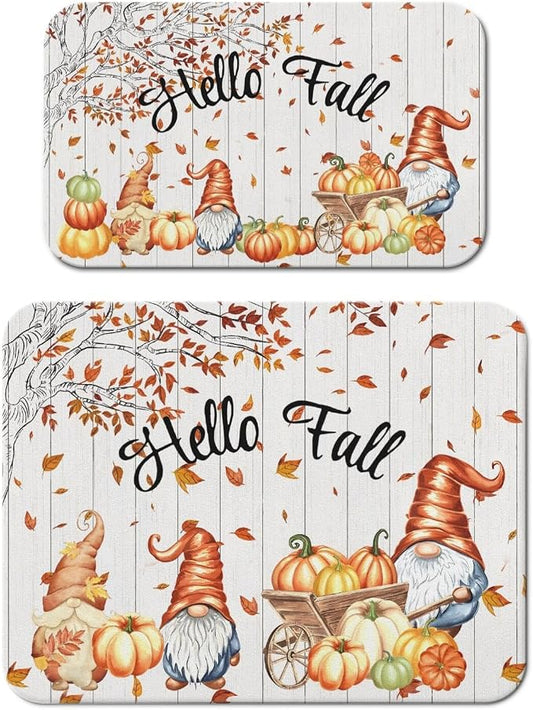 Fall Dish Drying Mat 2-Pack Gnomes Pumpkin for Kitchen Counter Dishes | Diatom Mud Mats (18x24, 19.5x12"). Non-slip rubber back for kitchen counter, coffee bar & sink scenes