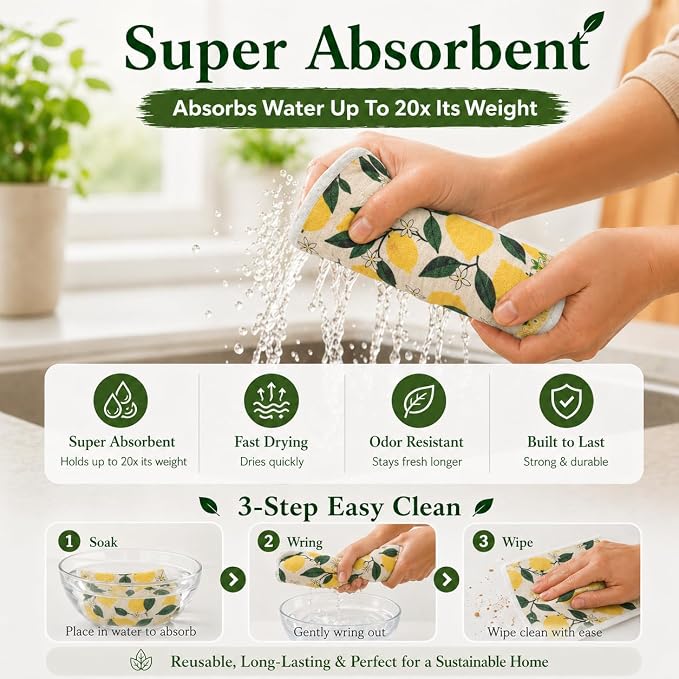 10 PCS Fruits Print Swedish Dishcloths for Kitchen 100% Biodegradable, Reusable Cellulose Sponge Cloths Ultra Absorbent, Eco Friendly Cleaning Towels Dishcloths for Washing Dishes & General Cleaning