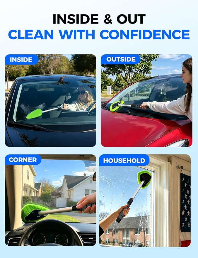 XINDELL Interior Windshield Cleaner Tool – Car Interior Window Cleaning Kit with Extendable Handle & 4 Microfiber Pads, Auto Wiper Inside Compact Windshield Brush for Car & Home Windows