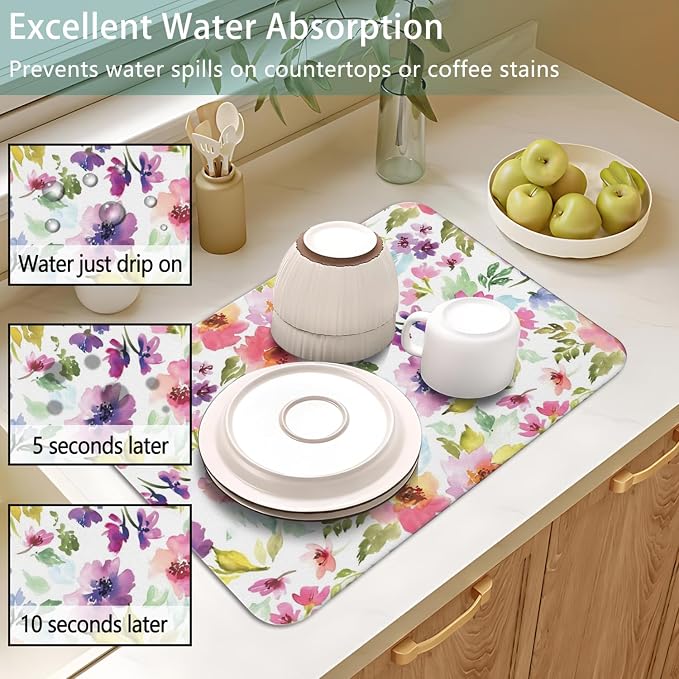 Dish Drying Mat 2-Pack in Watercolor Floral for Kitchen Counter Dishes Mat | Diatom Mud Mats (18x24, 19.5x12"). Non-slip rubber back for kitchen counter, coffee bar & sink scenes