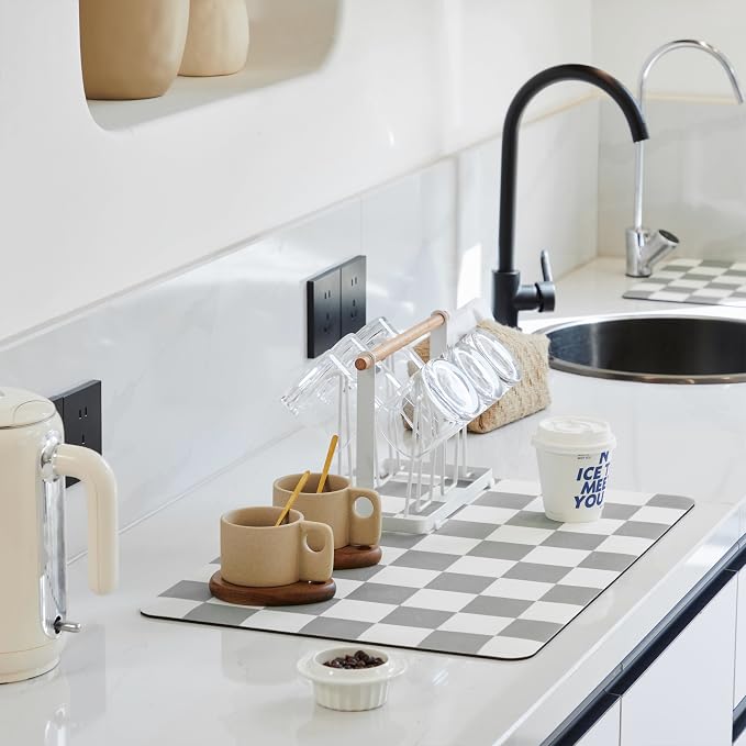 Checkered Dish Drying Mat for Kitchen Counter, Coffee Bar Station Accessories, Retro Cute Aesthetic Absorbent Coffee Mat Kitchen Drying Mat Easy Clean, Grey 16" x 24"