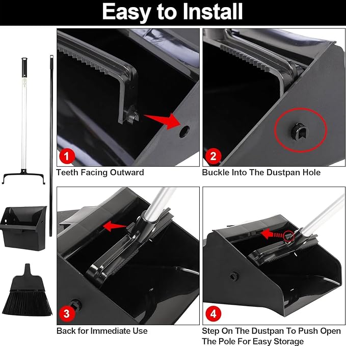 Mumufy 5 Set Lobby Dustpan with Broom Set Lobby Upright Dust Pan and Broom with Long Handle Heavy Duty Commercial Dustpan Combo for Restaurants Kitchen Office Home