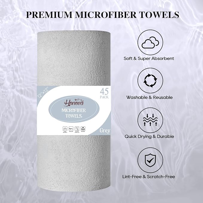Microfiber Cleaning Cloth Roll 90 Pack, 12"×12", Reusable, Pink & Grey | Tear Away, Highly Absorbent, Lint Free, Reusable & Washable for Kitchen, Window, Car, Shop