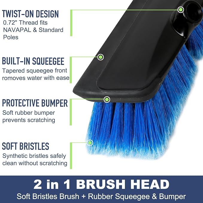 52" Car Wash Brush with Long Handle | Built-in Rubber Squeegee & Rubber Bumper | Lightweight extendable Handle | Soft Bristle Brush for Car, RV, Boat, Solar Panel, Deck Washing