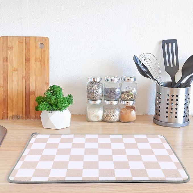 Zonon Dish Drying Mat for Kitchen Counter 16 x 24 Microfiber Absorbent Dish Drainer Rack Pads Fast Dry Mat Vintage Kitchen Decorations(Beige,16" X 24",Checkered)