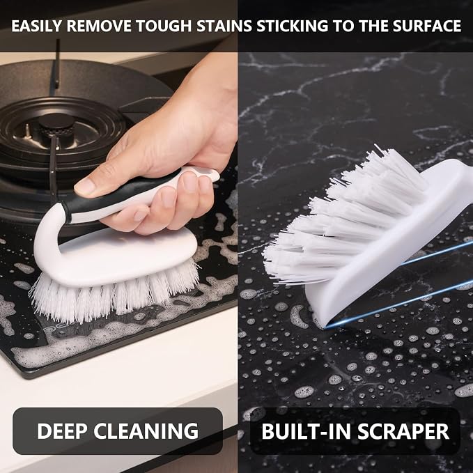 Scrub Brush Set, 4 Pack Deep Cleaning Brush Kit, Black | 2 Scrub Brush, 2 Tile & Grout Brush with Built-in Scraper, Household Commercial Scrubber for Floor, Shower, Pool Wall, Tub