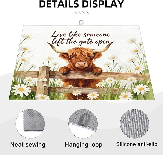 Highland Cow Dish Drying Mat, for Farmhouse Kitchen Counter Microfiber Absorbent, Funny Dish Draining Mat Extra Large 18"x24"