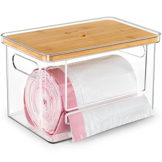 Stackable Trash Bag Dispenser with Wooden Top for Holding 13 to 33 Gallon Large Bag Sizes – Medium Size Garbage Bag Holder with Anti-Slip Base, Trash Bag Dispenser Under Sink (10.8"x6.7"x6" inches)