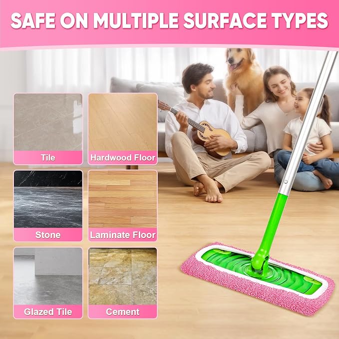 6-Pack Reusable Mop Pads Compatible with Sweeper Mop - 100% Coral Fleece Washable Refills - Microfiber Dry & Wet Sweeping Cloths for Multi-Surface/Hardwood Floor Cleaning- Pink