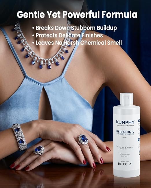 KUNPHY Ultrasonic Jewelry Cleaner Solution for Gold, Silver, Platinum 1.7 oz | Concentrated; for All Ultrasonic Machines; Removes Residue & Grime; Gentle Formula for Non-Porous Stones & Metals