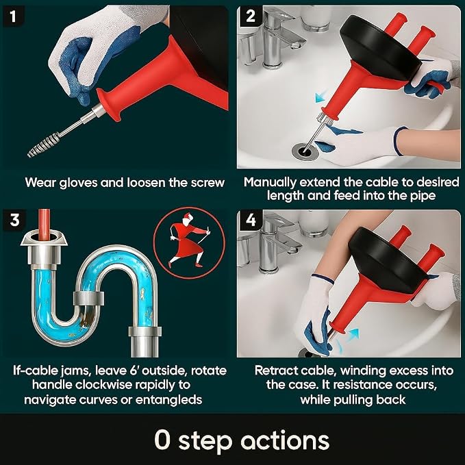 42 FT Drain Snake Hair Drain Clog Remover, Manual Or Powered, Plumbing Snake With Drill Adapte,Unclog Sink Drain Tool, Drain Auger for Toilet、Shower、Kitchen、Sink, No Auto Retract Or Feed, Red