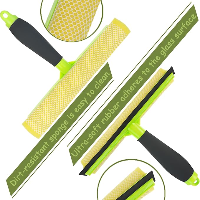Shower Squeegee Window Squeegee Cleaner for Shower Doors Glass, 2 in 1 Window Cleaning Tool Window Scrubber Handheld Squeegee for Car Windshield with Sponge and Rubber Squeegee, Green