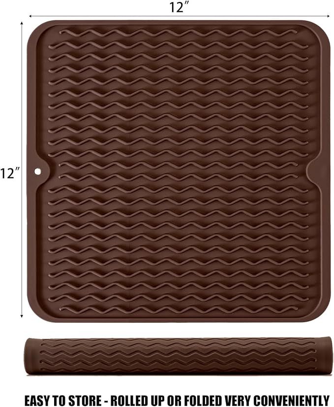 Silicone Dish Drying Mat, Non-Slip Easy Clean Sink Mat Large Heat-resistant Dish Drainer Mat for Kitchen Counter, Sink, Refrigerator or Drawer liner (12" x 12", COFFEE)