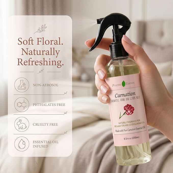 Carnation Linen & Room Spray, Natural Aromatic Bathroom Spray Made with Pure Essential Oils, Refreshing Home Fragrance