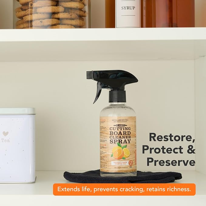 CLARK'S Natural Cutting Board Spray Cleaner 12oz, with Microfiber Cloth, for Wood Countertop – Pure Ingredients Filtered Water, Distilled Vinegar, Castile Soap, Lemon & Orange Citrus Oil Extracts