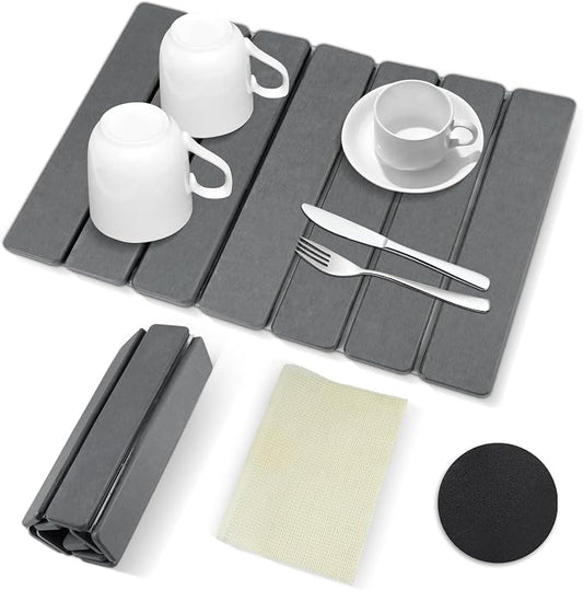 Large Stone Drying Mat for Kitchen Counter, 16"x12" Collapsible Diatomaceous Earth Drying Mat, Instant Absorbent Dish Drying Pad, Stone Drying Rack Space Saver Drying Board for Kitchen Sink, Gray