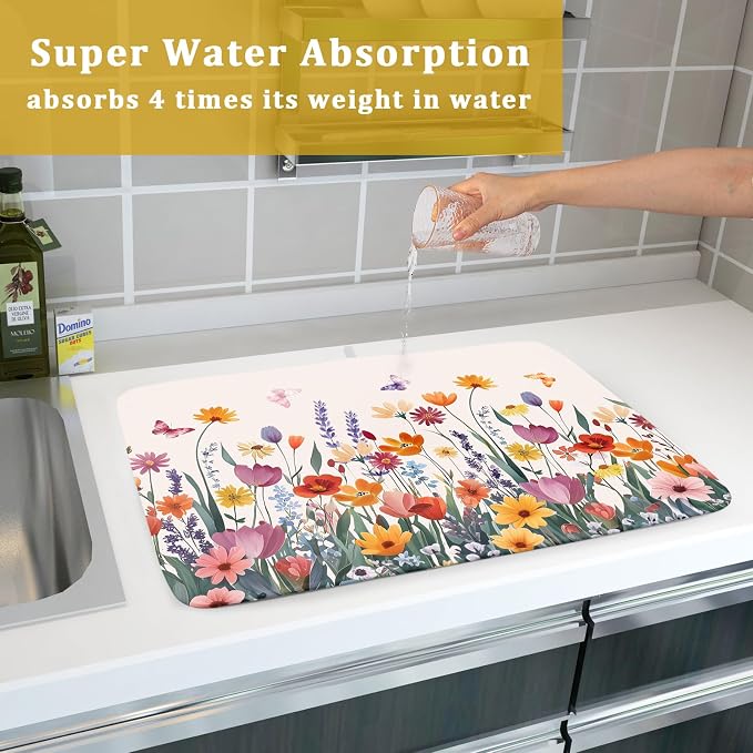 Kawani Spring Summer Flowers Dish Drying Mat for Kitchen Counter 16"x18" Colorful Floral Drying Mat Soft Absorbent Microfiber Farmhouse Fluttering Butterfly Dish Drainer Rack Mats for Counter tops