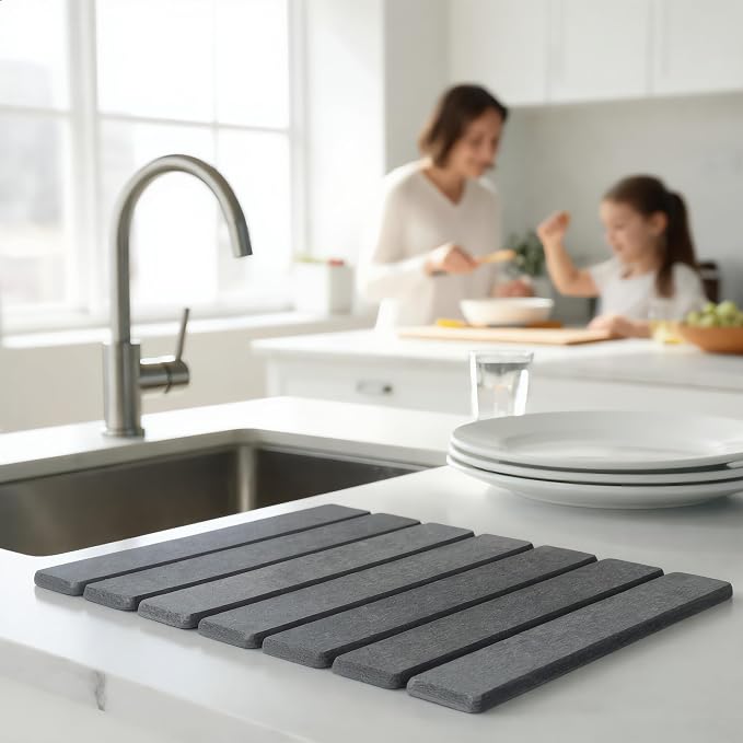 Super Absorbent Stone Dish Drying Mat – 16" x 12" Compact Fast-Drying Diatomite Mat for Countertops, Cups & Small Dish Loads