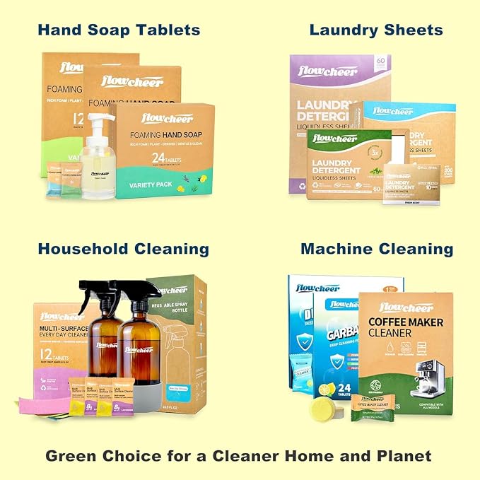 flowcheer Multi Surface Cleaner Refills -12 Pack All Purpose Cleaning Refill Tablet-Makes 192 fl oz Bottles of Spray Cleaner for Household&Kitchen Cleaning (Lemon)