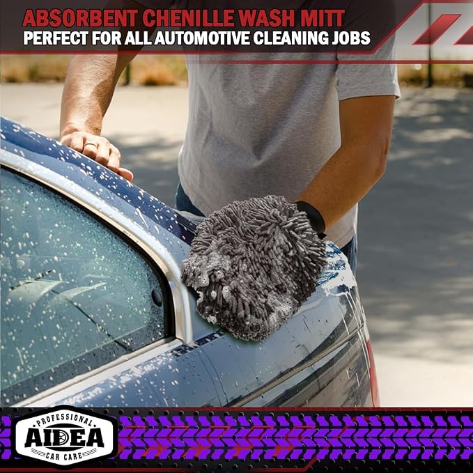 AIDEA Car Wash Mitt Microfiber, 2PK, Car Wash Brush, Grey, 8''X12'' | Scratch Free Lint Free Premium Chenille Microfiber Mitt, Cleaning Supplies, Extra Large Size