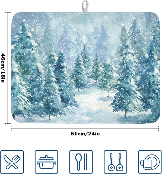 Winter Forest Dish Drying Mat for Kitchen Counter 18x24 Inch | Blue Christmas Pine Trees Snow Scene Dish Drainer Mat Rustic Seasonal Holiday Absorbent Washable Drying Pad