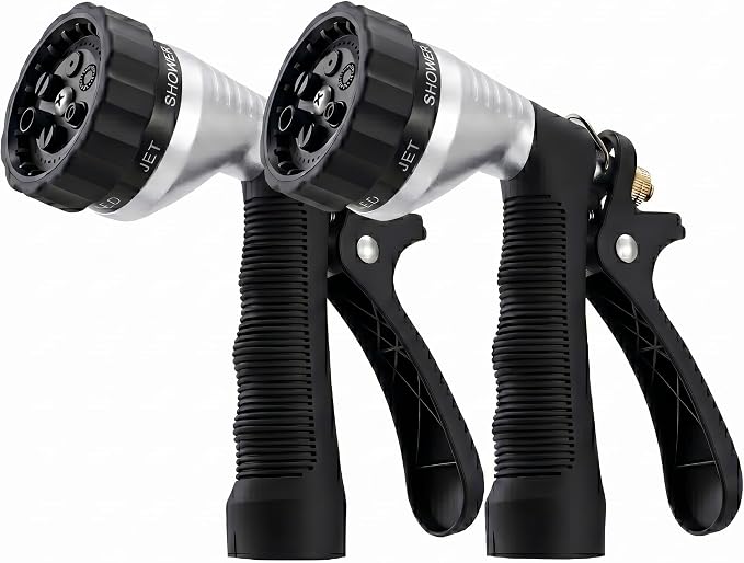 GREEN MOUNT Water Hose Nozzle 2-Pack, Zinc Alloy Garden Spray Nozzle with Adjustable Spray Patterns, Leakproof Rustproof Trigger Lock for Outdoor Cleaning & Car Wash, Silver & Silver
