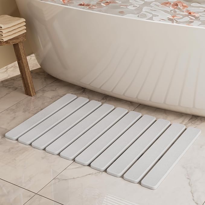 Foldable Stone Bath Mat, Quick Dry Stone Drying Mats for Bathroom, Super Absorbent Bath Mat, Non Slip, Large Diatomaceous Earth Dish Drying Mats for Kitchen Counter 23.5 x 15.4in, White