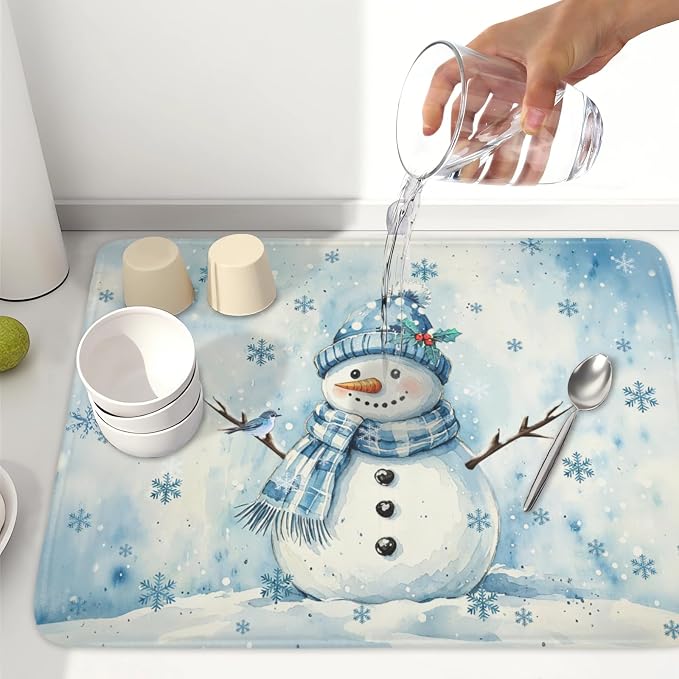 Winter Snowman Dish Drying Mat for Kitchen Counter 18x24 Inch | Blue Christmas Snowflake Snow Scene Dish Drainer Mat Rustic Seasonal Holiday Absorbent Washable Drying Pad