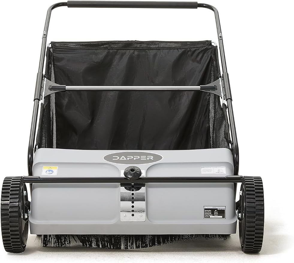 Dapper Supply 26-Inch Push Lawn Sweeper, Grass, Lawn and Leaf Cleanup Collector with Large 7 cu. ft. Hopper Bag, and Dual Spinning Brushes, Grey