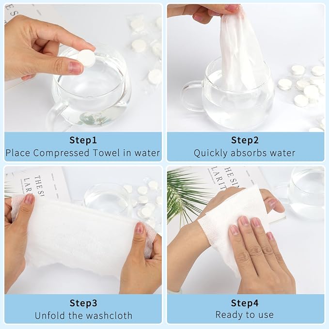 Classycoo Compressed Towel 100 PCS Mini Tablets Disposable Portable Face Towel Cotton Coin Tissue for Travel, Camping, Hiking, Sport, Beauty Salon, Home Hand Wipes and Other Outdoor Activities (White)