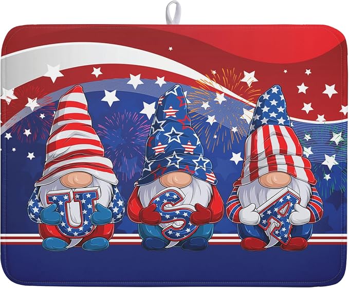 Kawani 4th of July Dish Drying Mat 18x24 Inch Spring Summer Patrioti Gnome Memorial Kitchen Mats Independece Day Absorbent Dishes Pad for Kitchen Counter Usa Stars Drying Mat Home Decor Countertops