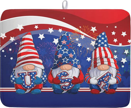 Kawani 4th of July Dish Drying Mat 18x24 Inch Spring Summer Patrioti Gnome Memorial Kitchen Mats Independece Day Absorbent Dishes Pad for Kitchen Counter Usa Stars Drying Mat Home Decor Countertops