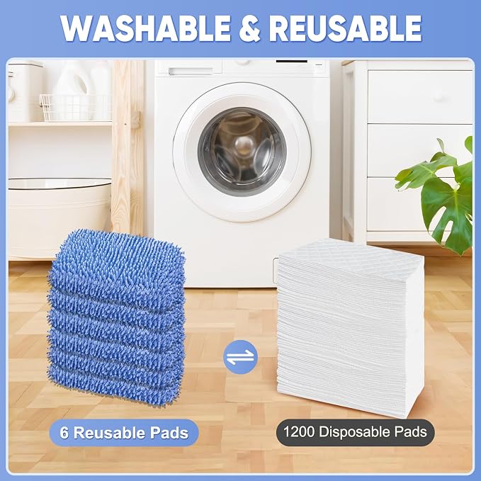 6 Pack Reusable Mop Pads Compatible with Swiffer Sweeper, Chenille Mop Refill Pads, Dry & Wet Mopping Cloths for Floor Cleaning -Blue