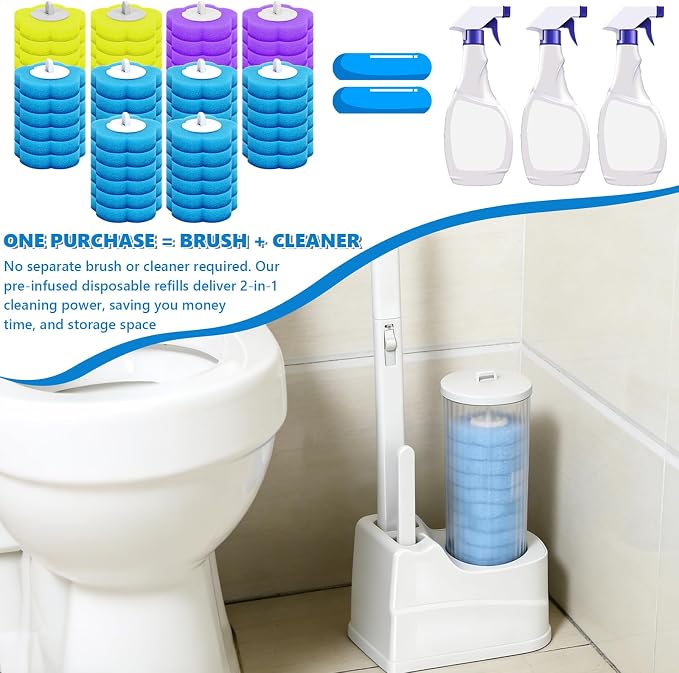 Disposable Toilet Brush Cleaning System, Disposable Toilet Cleaner Wand and Holder Set with 60 Toilet Wand Refills, Extended Handle for Toilet Bowl Cleaners, Bathroom Cleaning, Bathtub