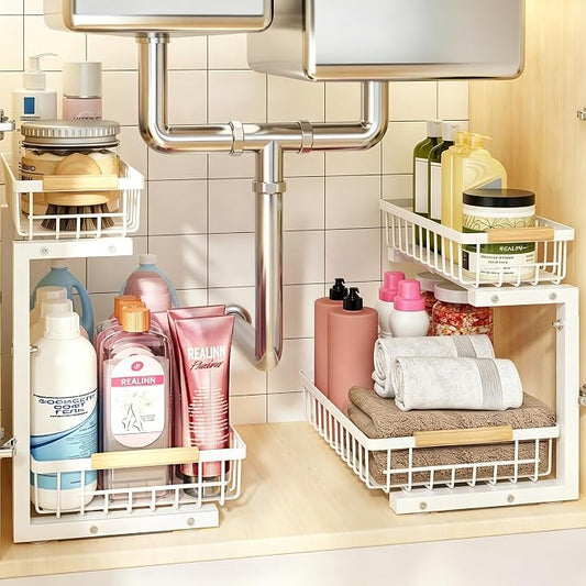 REALINN Under Sink Organizer, 2 Pack Height Adjustable Under Sink Organizers and Storage, 2 Tier Pull Out Drawer Cabinet Storage for Kitchen Bathroom, White