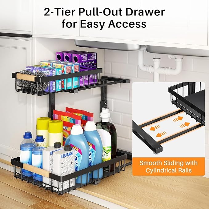 PXRACK Under Sink Organizer, Adjustable Height, 2 Tier Pull Out Under Cabinet Organizer, Slide Out Thickened Metal Under Sink Storage for Kitchen Bathroom Laundry Pantry Cabinet, Black, Small-2-Pack