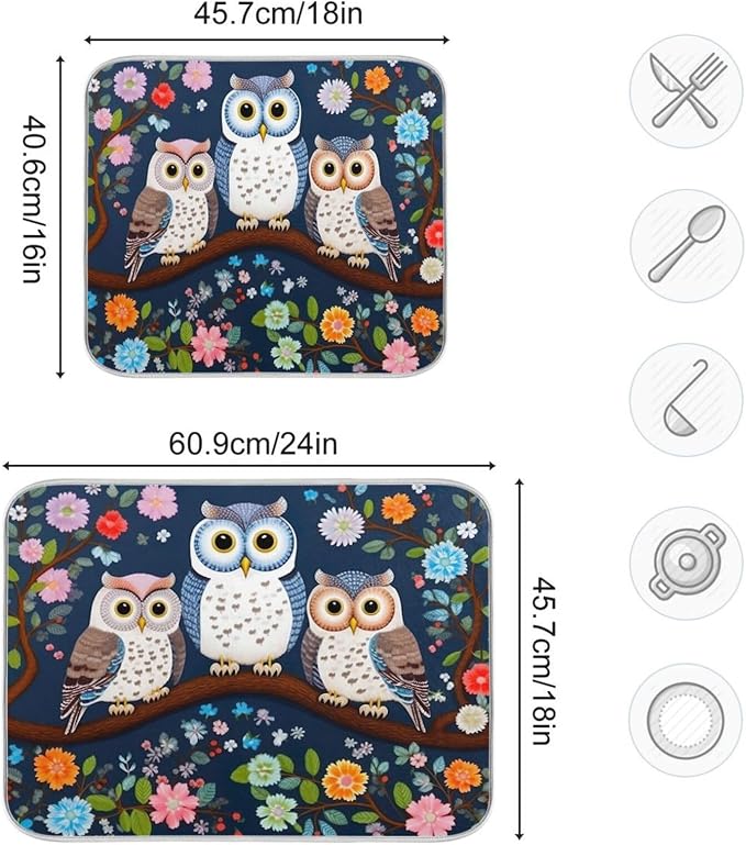 Dish Drying Mat Kitchen Counter Absorbent Three Owls Coffee Sink Mat Dish Drainer Pad 18 Inch x 16 Inch