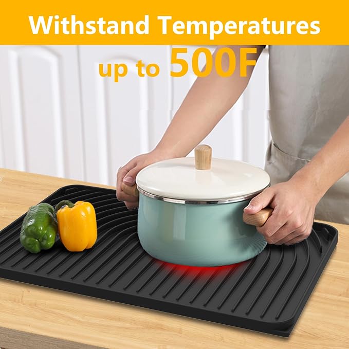 Dish Drying Mat for Kitchen Counter, 18"x12" Dish Drying Rack(black) | Various Sizes & Colors,Steep-Slope Built in Drain,High-fin Ventilation,Food-grade Silicone,500F heat resistant,for Flat sinks