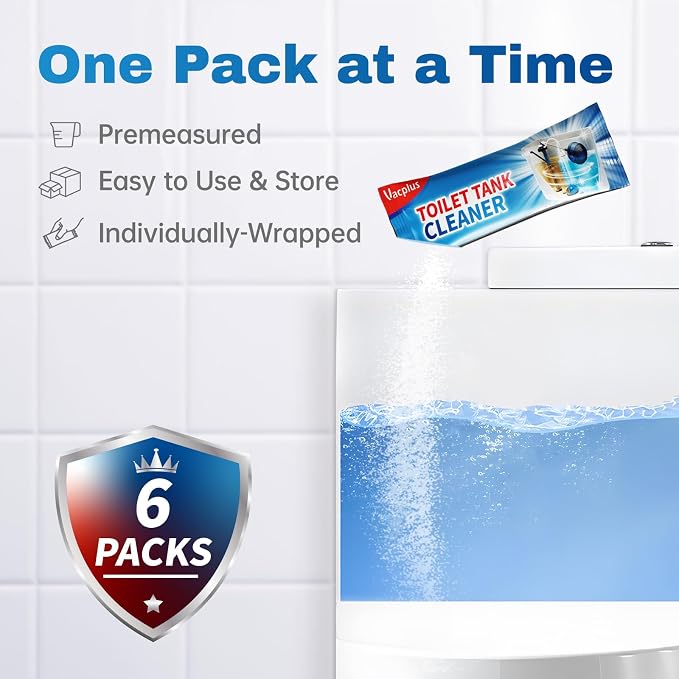 Vacplus Toilet Tank Cleaner Tablets, Automatic Descaler, Mold Rust Remover | 6 Pack, Long-Lasting Bowl Cleaning Solution, Septic Safe, Pipe Safe, Pre-Measured Convenience