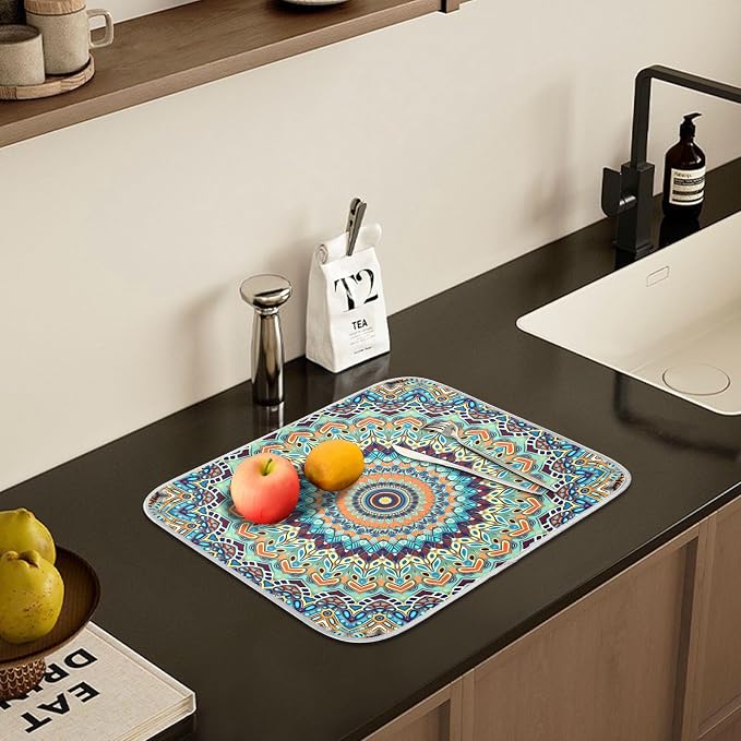 Bohemian Mandala Dish Drying Mat for Kitchen Counter Absorbent Microfiber Large Boho Ethnic Drying Pad Dish Mats for Kitchen Countertops 18 x 24 Inch