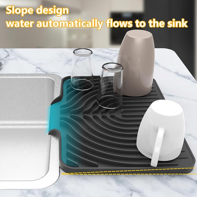Kitchen Counter Dish Drying Mat, 14.6"x11" Dish Drying Rack(black) | Various Sizes & Colors,Steep-Slope Built in Drain,High-fin Ventilation,Food-grade Silicone,500F heat resistant,for Flat sinks