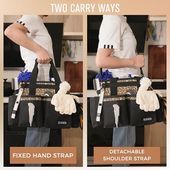 SCAVATA Compact Wearable Cleaning Caddy with Handle & Shoulder Straps | Small Cleaning Supplies Organizer, Under Sink & Car Cleaning Tools Storage Bag for Housekeepers Cleaners, Leopard